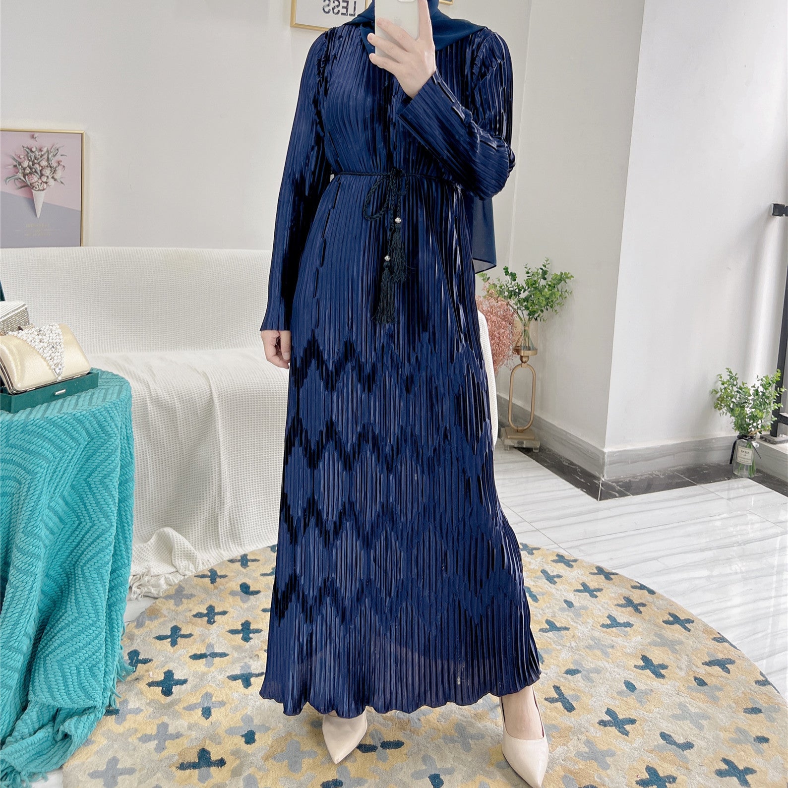 1520#Abaya Islamic Clothing Abaya Dubai Women Long Sleeve Dress With Belt