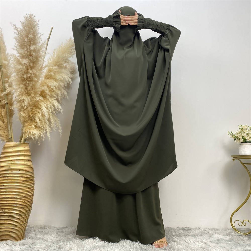 6608#Modest khimar hijab abaya premium quality 2 pcs sets frill elasticated cuff Jilbab_ prayer abayas