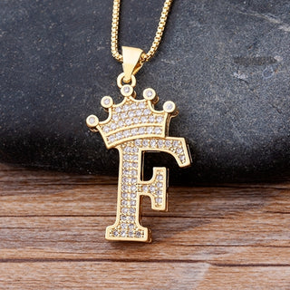 NM2# New Luxury Copper Zircon A-Z Crown Alphabet Pendant Chain Necklace Name Jewelry