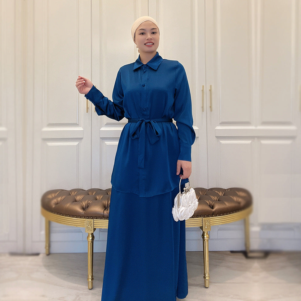 5A6F1#2pc muslim girls abaya set modern women satin blouse and skirt set