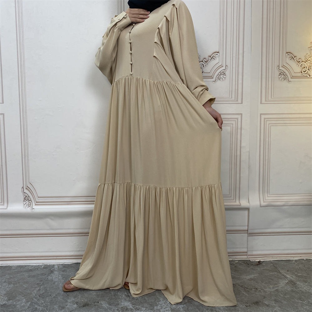 6633#New Solid Color High Quality Button Islamic Clothing Muslim Women Long Dress