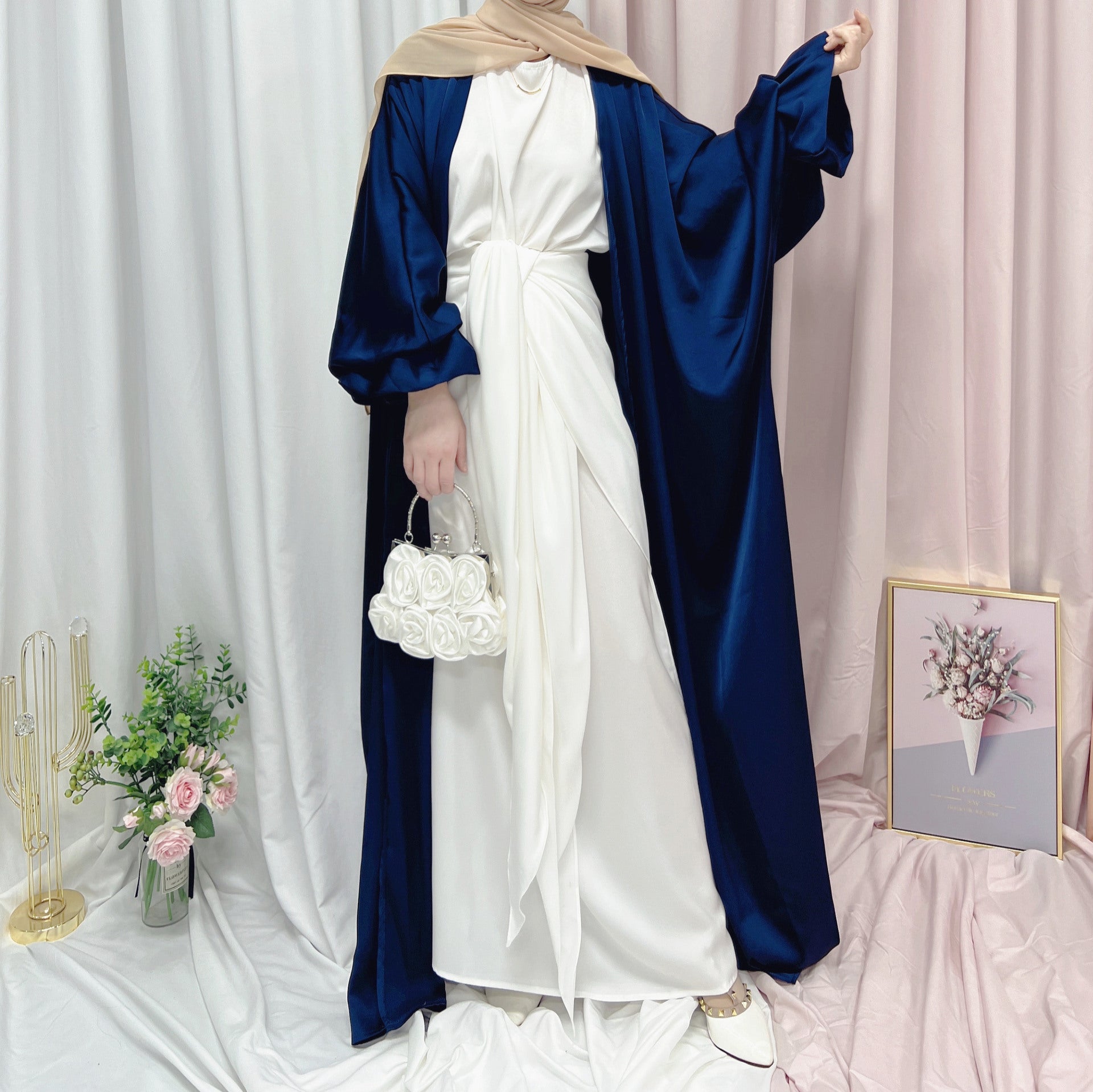 1490# Muslim Latest Open Abaya for EID Satin Kimono Abaya