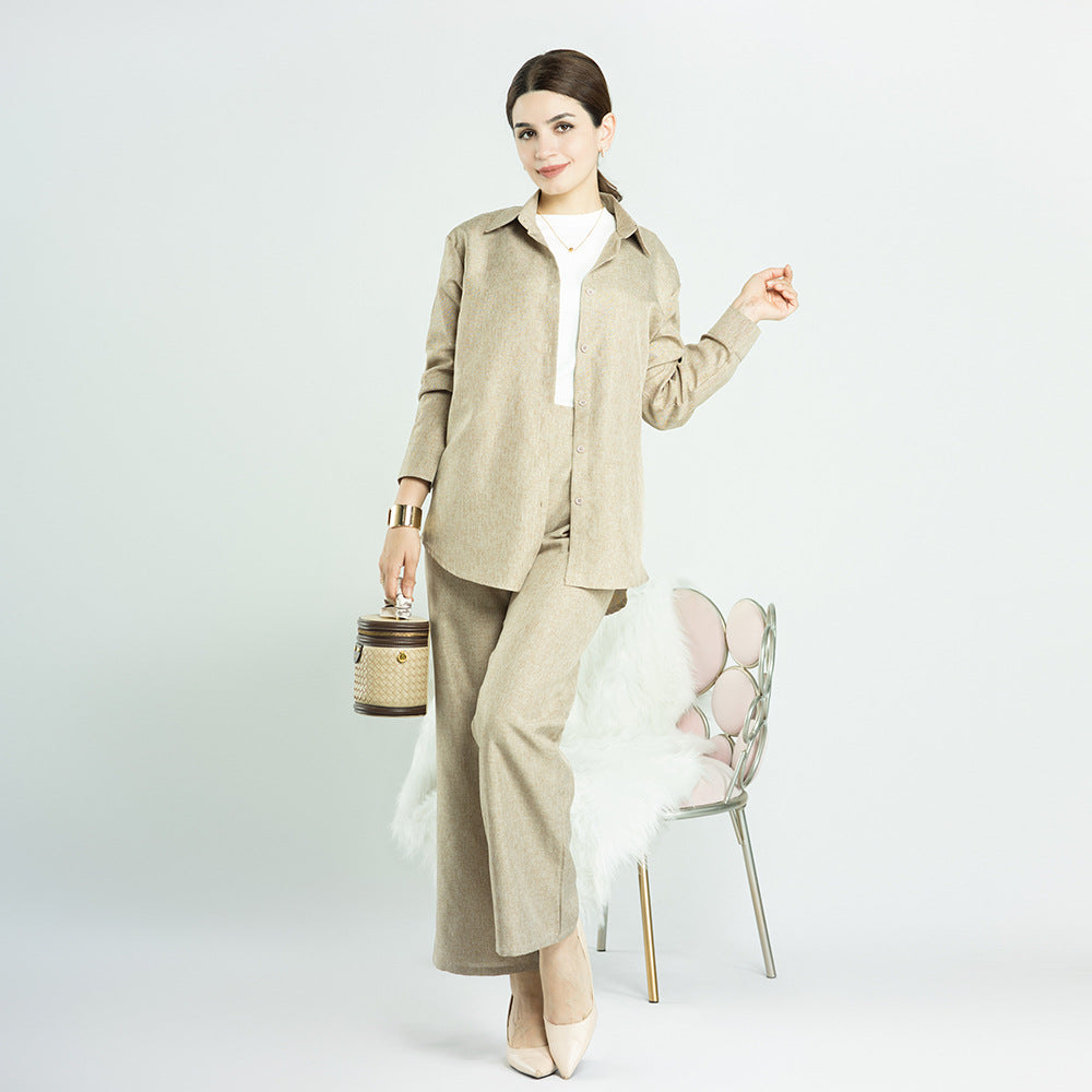 1604#+1605# Ramadan Design Islamic Clothing Linen Fabric Turkey Abaya Set Top and Pant 2PCS Set