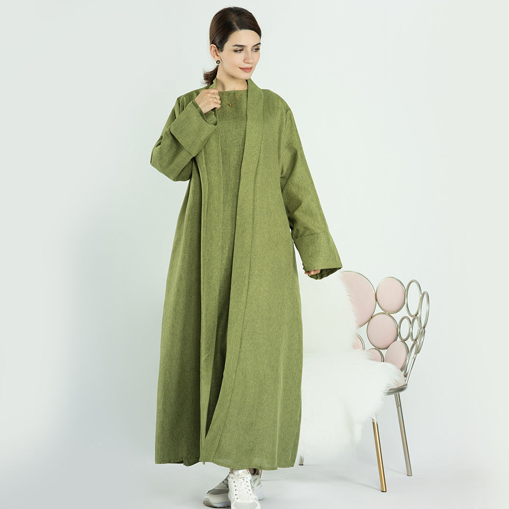 1573+1574#New EID Islamic Clothing Linen Solid Color Open Abaya