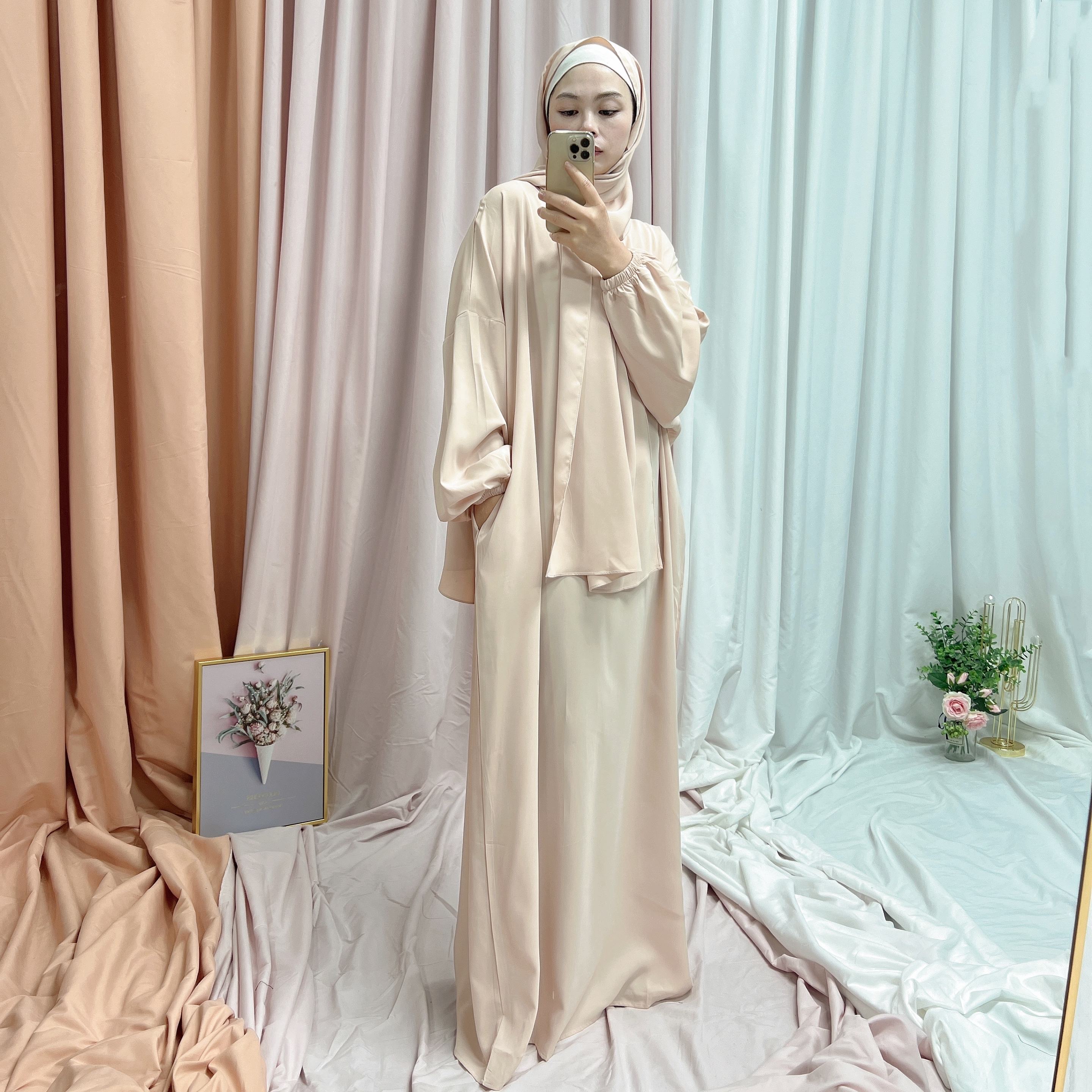 1499#EID Muslim Clothing Nida Prayer Dress Women Abaya With Attached Hijab
