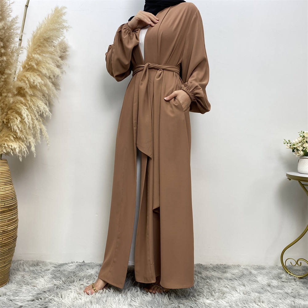 1876#Solid Color Elastic Cuff With Big Pockets Daily Casual Women Cardigan Abaya