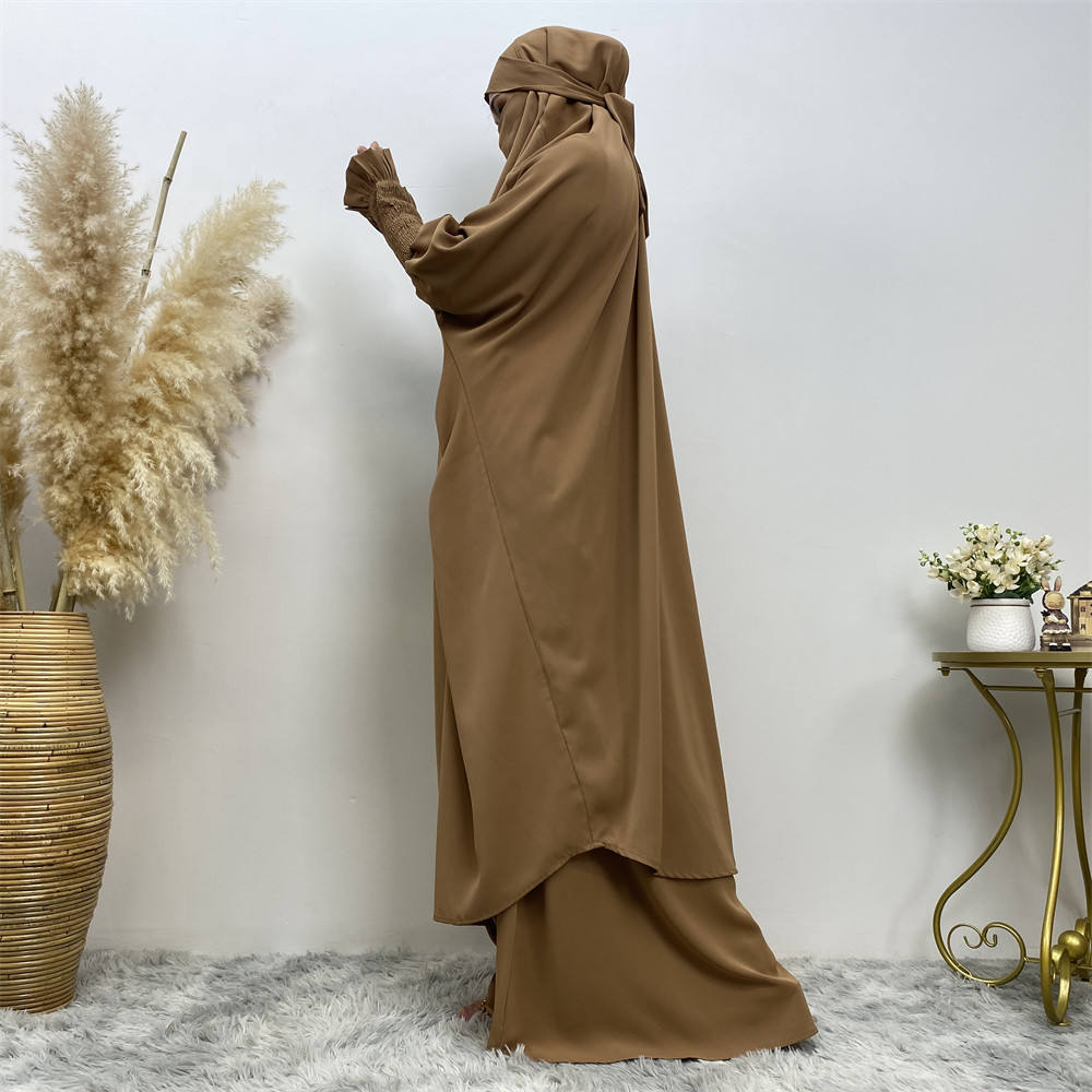 6608#Modest khimar hijab abaya premium quality 2 pcs sets frill elasticated cuff Jilbab_ prayer abayas