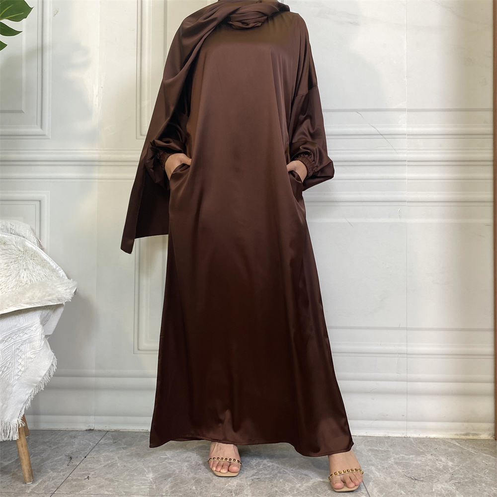 675#Satin Solid Color Luxury Attach Scarf  Islamic Long Dress