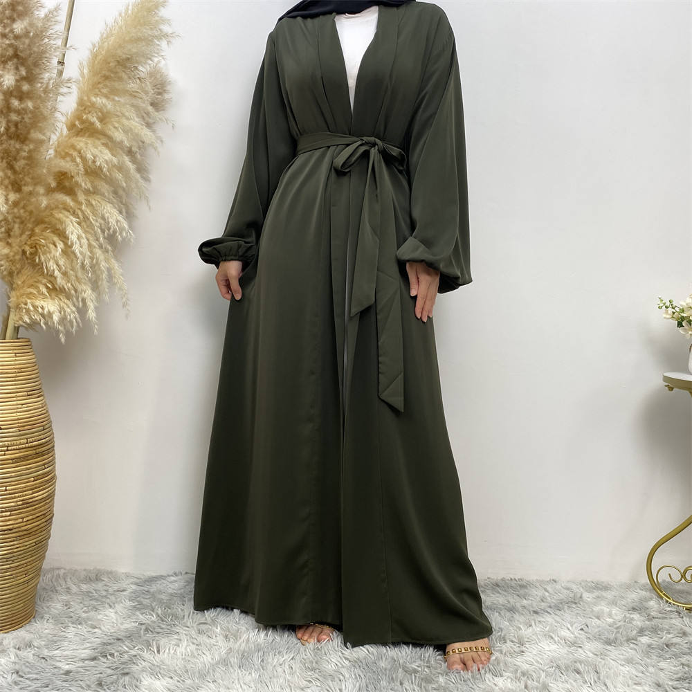 1876#Solid Color Elastic Cuff With Big Pockets Daily Casual Women Cardigan Abaya