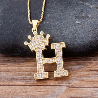 NM2# New Luxury Copper Zircon A-Z Crown Alphabet Pendant Chain Necklace Name Jewelry