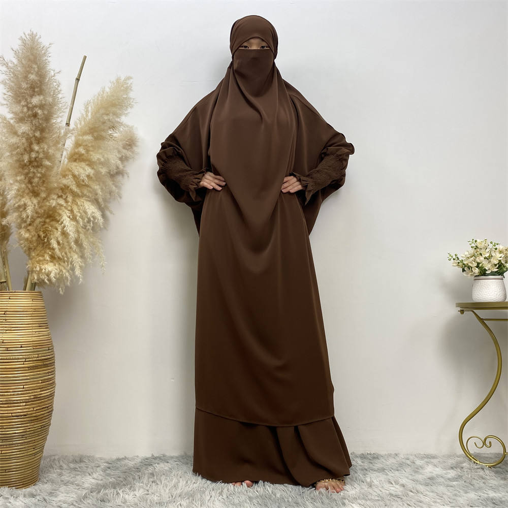 6608#Modest khimar hijab abaya premium quality 2 pcs sets frill elasticated cuff Jilbab_ prayer abayas
