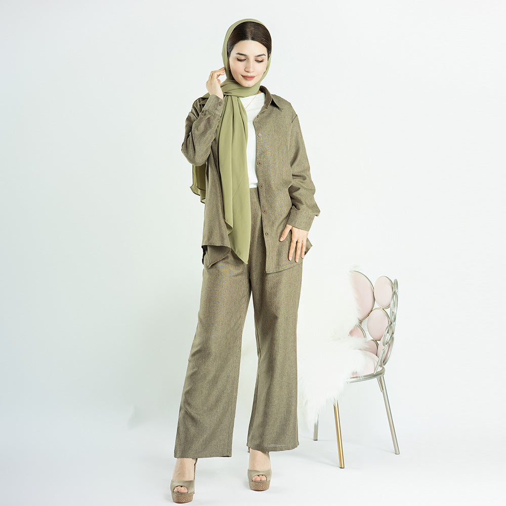 1604#+1605# Ramadan Design Islamic Clothing Linen Fabric Turkey Abaya Set Top and Pant 2PCS Set