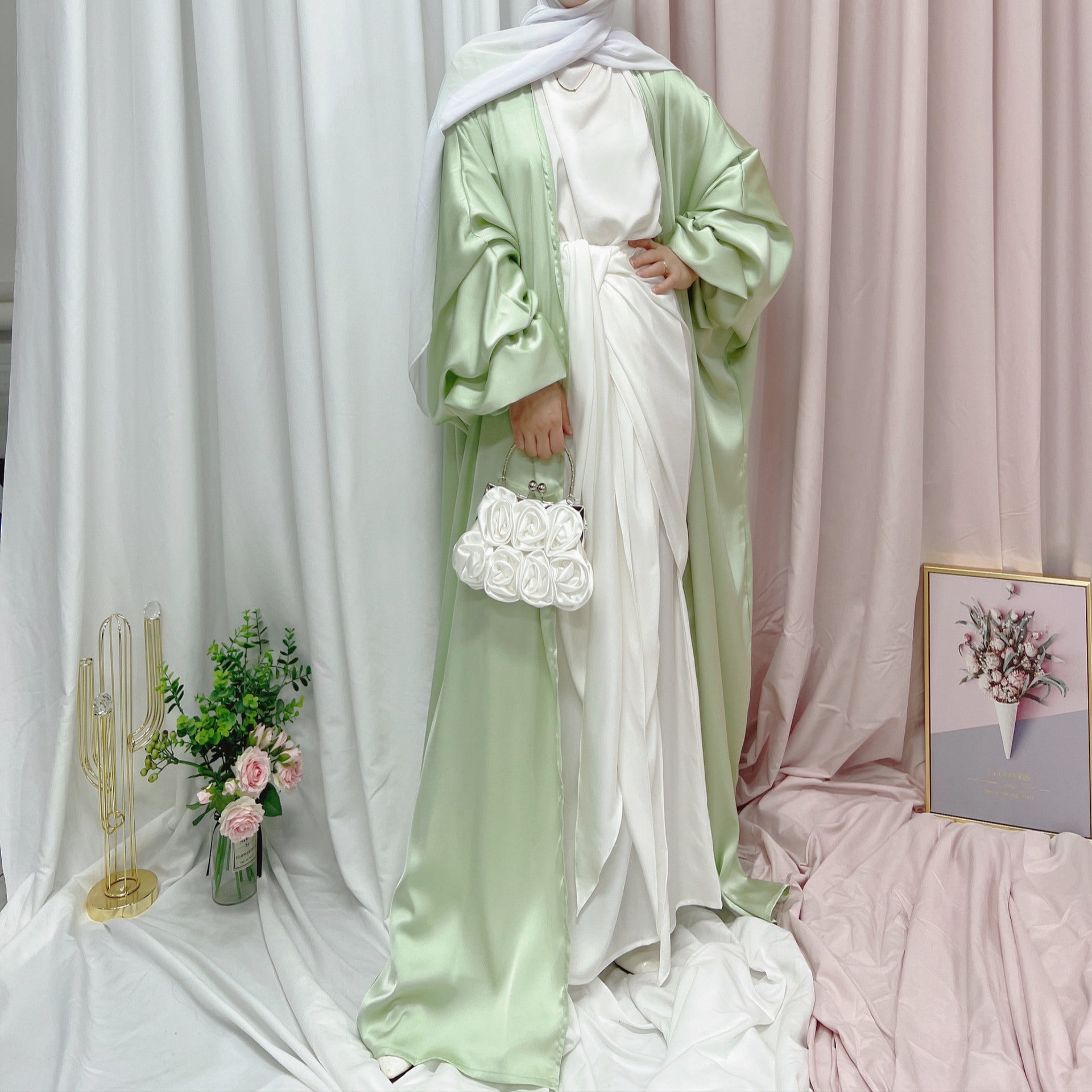 1490# Muslim Latest Open Abaya for EID Satin Kimono Abaya