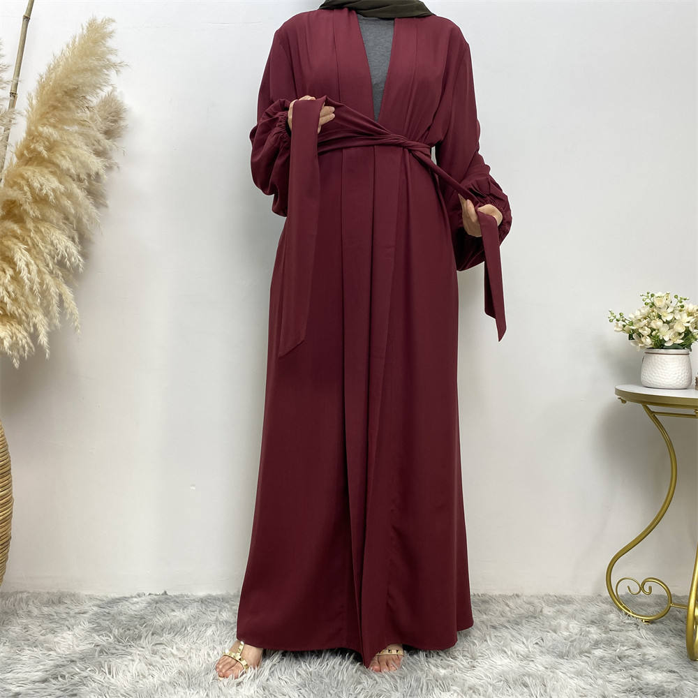 1876#Solid Color Elastic Cuff With Big Pockets Daily Casual Women Cardigan Abaya