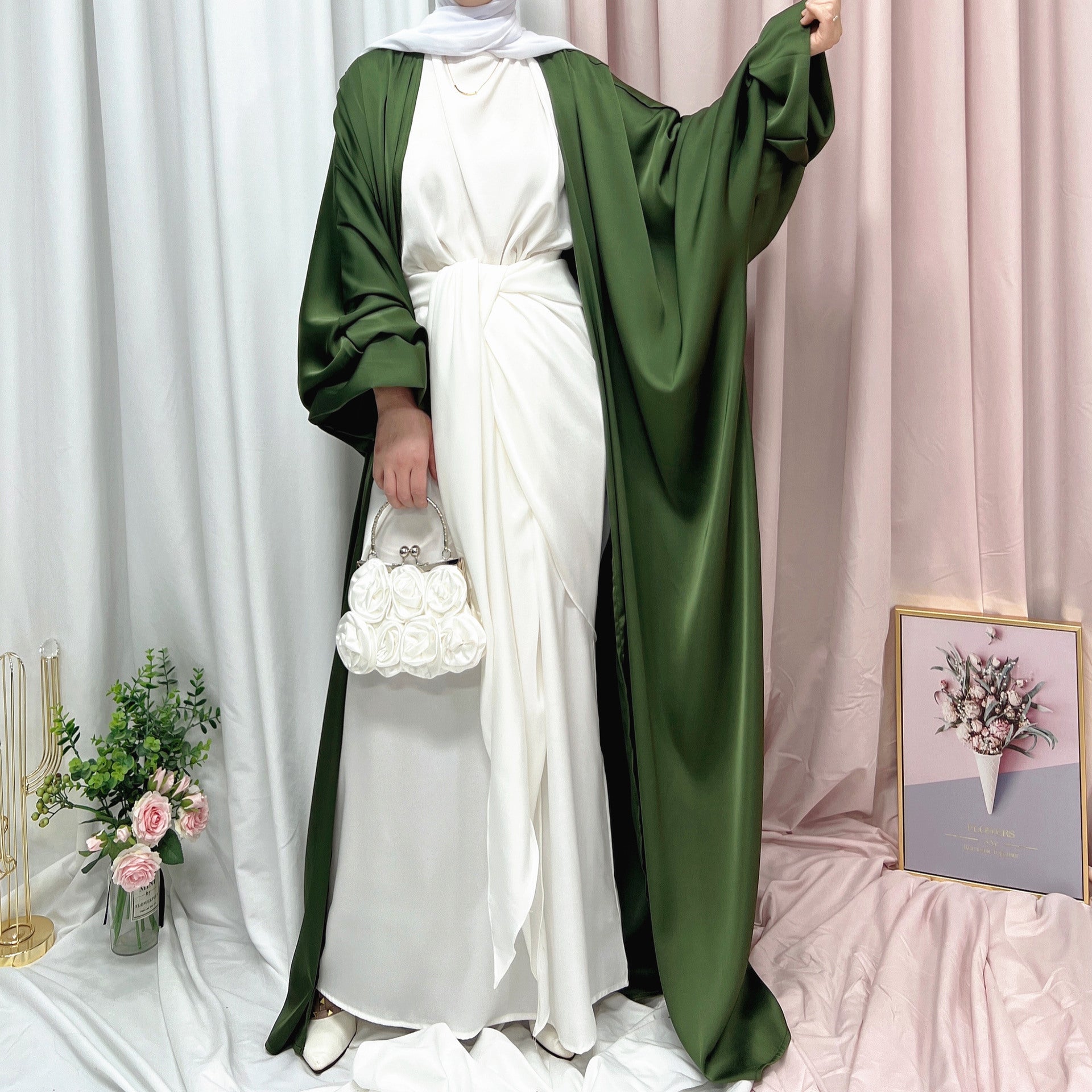 1490# Muslim Latest Open Abaya for EID Satin Kimono Abaya