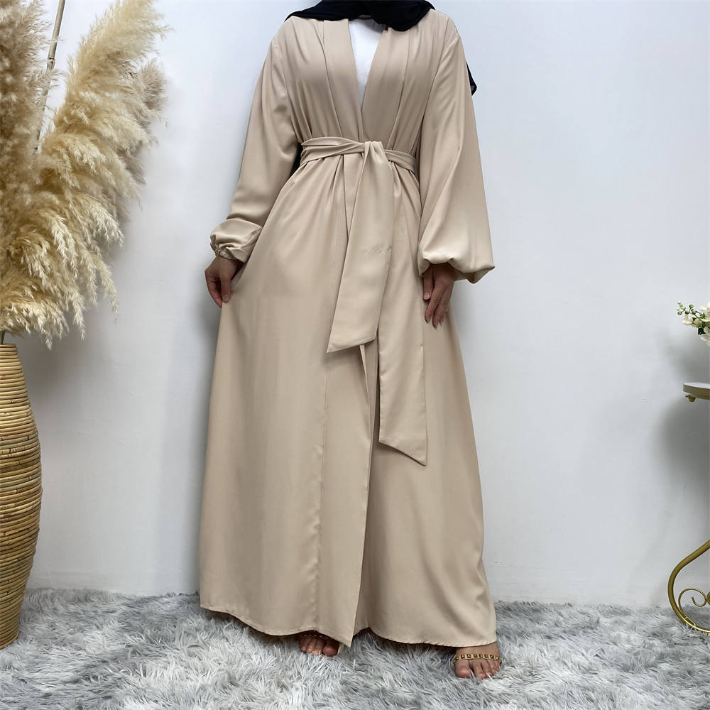 1876#Solid Color Elastic Cuff With Big Pockets Daily Casual Women Cardigan Abaya
