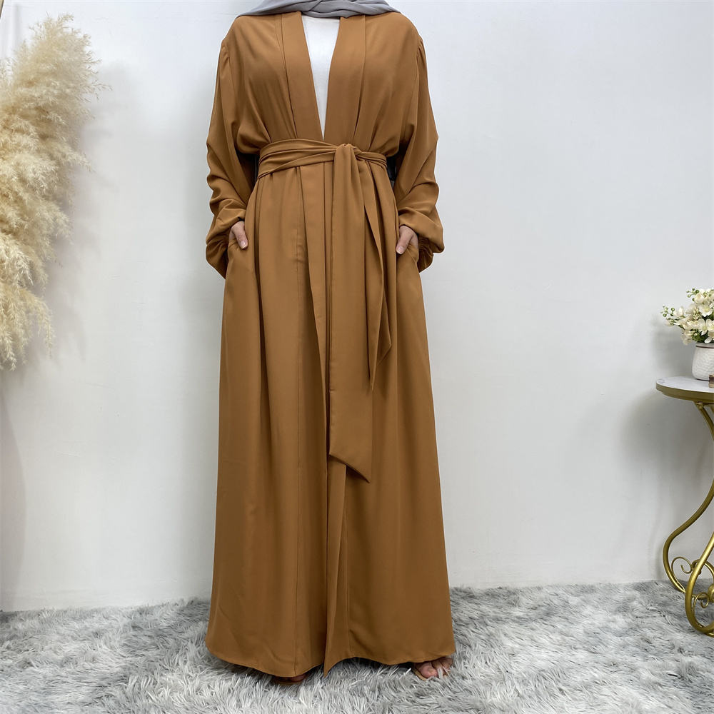 1876#Solid Color Elastic Cuff With Big Pockets Daily Casual Women Cardigan Abaya
