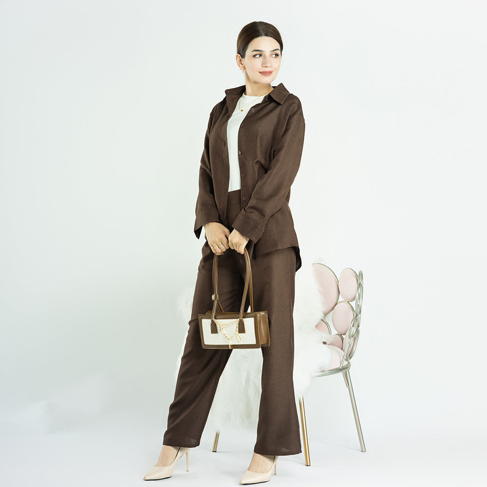 1604#+1605# Ramadan Design Islamic Clothing Linen Fabric Turkey Abaya Set Top and Pant 2PCS Set