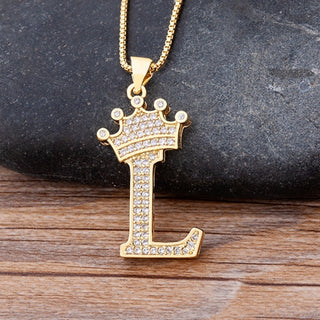 NM2# New Luxury Copper Zircon A-Z Crown Alphabet Pendant Chain Necklace Name Jewelry