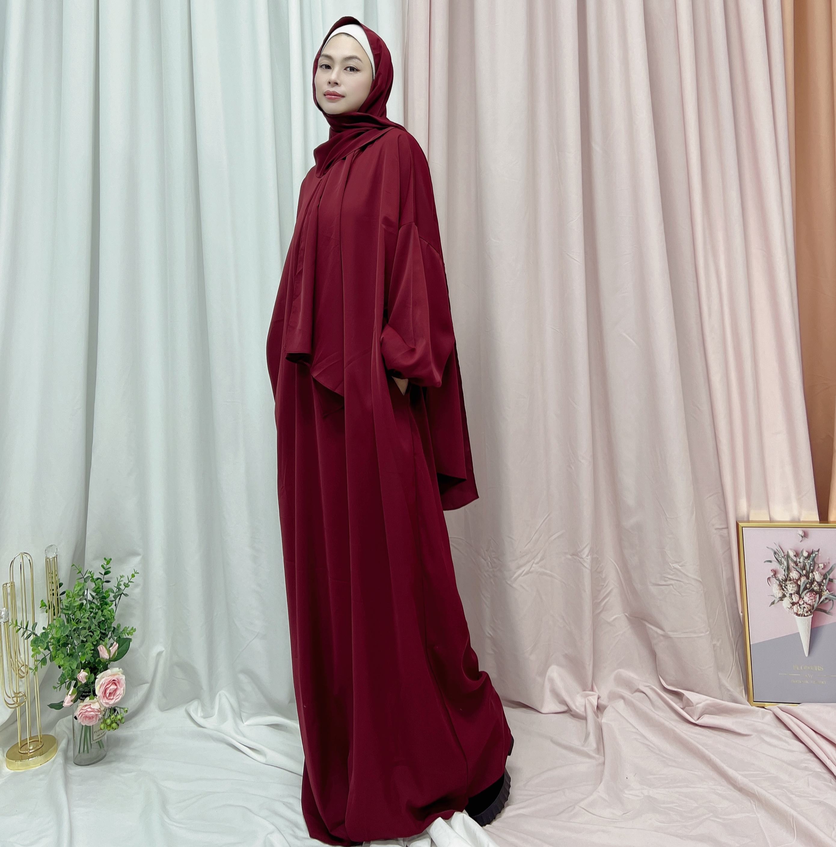 1499#EID Muslim Clothing Nida Prayer Dress Women Abaya With Attached Hijab