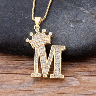 NM2# New Luxury Copper Zircon A-Z Crown Alphabet Pendant Chain Necklace Name Jewelry