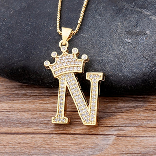 NM2# New Luxury Copper Zircon A-Z Crown Alphabet Pendant Chain Necklace Name Jewelry