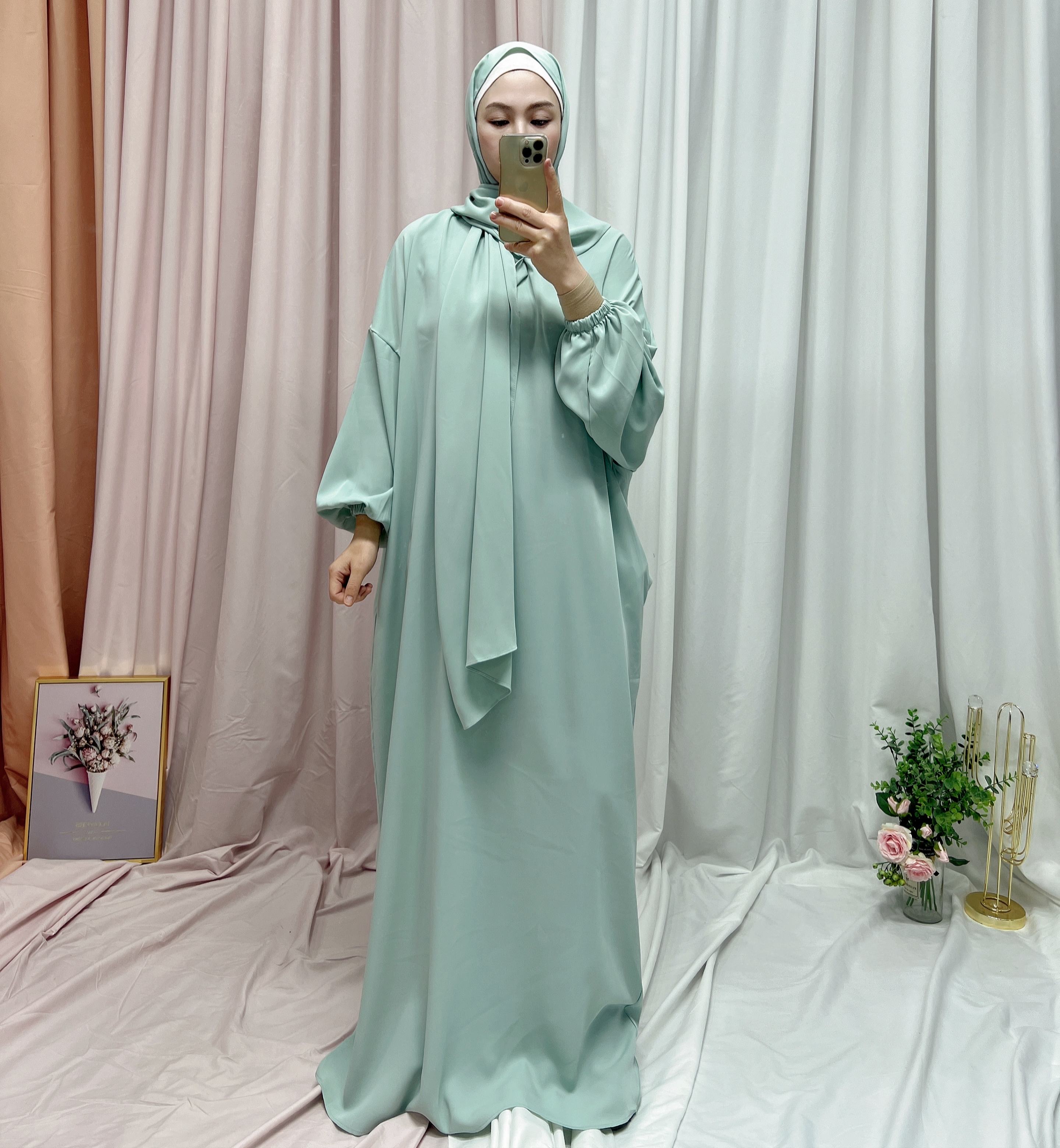 1499#EID Muslim Clothing Nida Prayer Dress Women Abaya With Attached Hijab