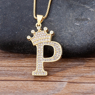 NM2# New Luxury Copper Zircon A-Z Crown Alphabet Pendant Chain Necklace Name Jewelry