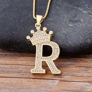 NM2# New Luxury Copper Zircon A-Z Crown Alphabet Pendant Chain Necklace Name Jewelry