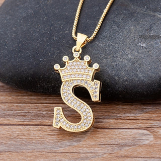 NM2# New Luxury Copper Zircon A-Z Crown Alphabet Pendant Chain Necklace Name Jewelry