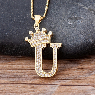 NM2# New Luxury Copper Zircon A-Z Crown Alphabet Pendant Chain Necklace Name Jewelry