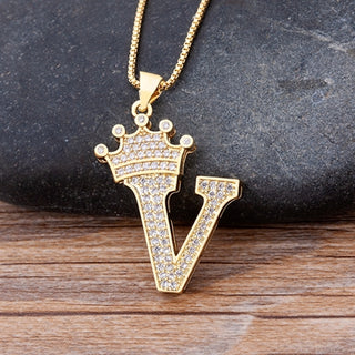 NM2# New Luxury Copper Zircon A-Z Crown Alphabet Pendant Chain Necklace Name Jewelry