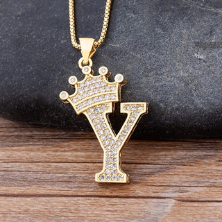 NM2# New Luxury Copper Zircon A-Z Crown Alphabet Pendant Chain Necklace Name Jewelry