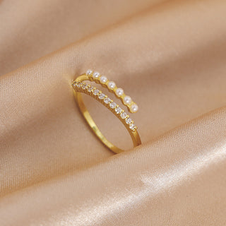 R6#Luxury Gold Color Pearl Zircon Rings for Woman Fashion Elegant Jewelry Gifts