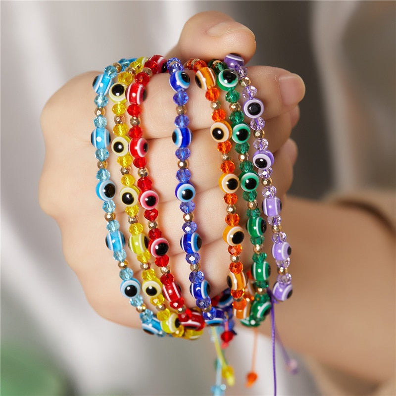 B2#Fashion New Rainbow Crystal Beads Resin Evil Eye Beaded  For Couple Friends Charm Lucky Adjustable Bracelets