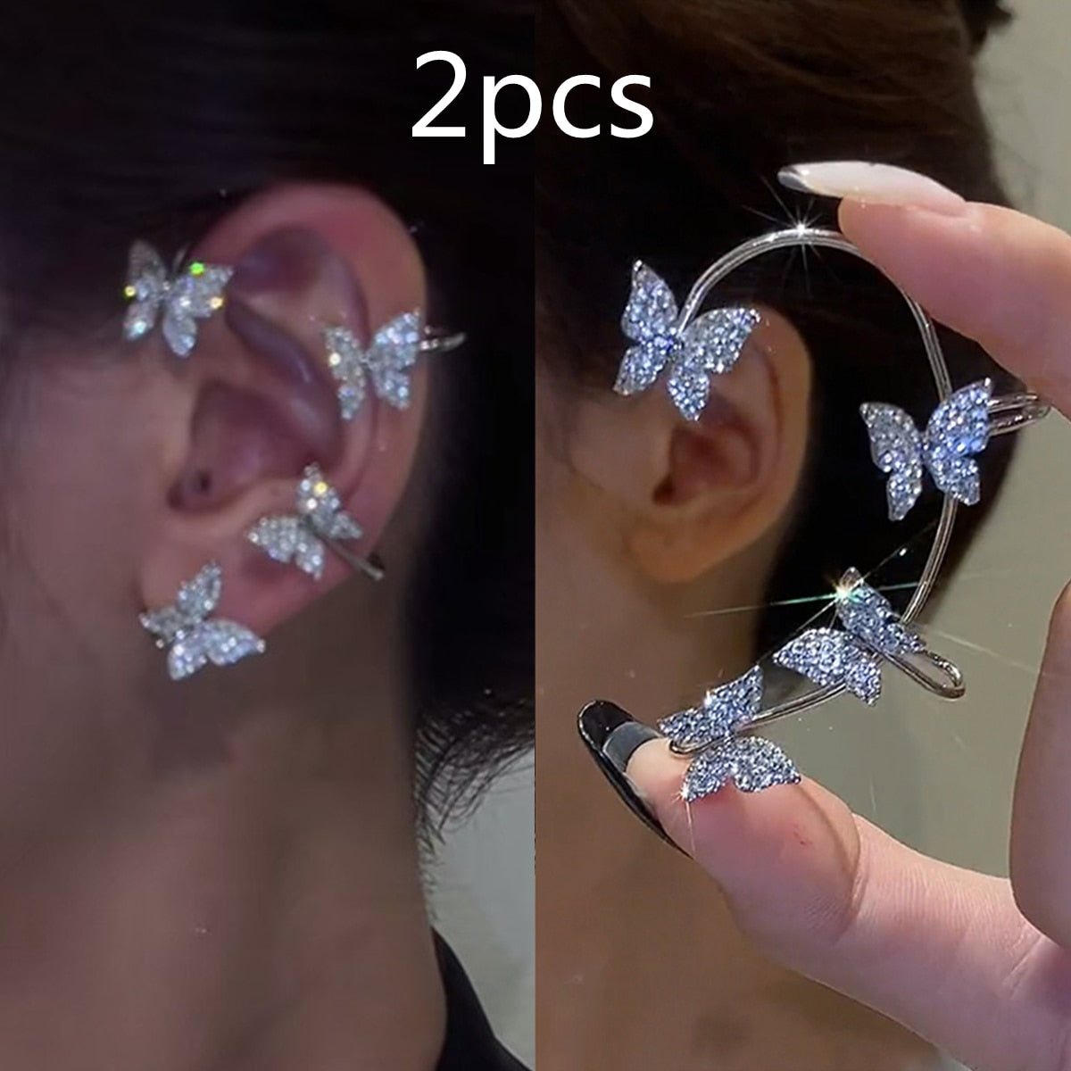 E4#  2022 Fashion Kpop Shiny Zircon Butterfly Clip Earrings Jewelry