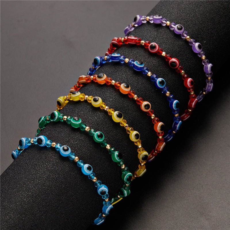 B2#Fashion New Rainbow Crystal Beads Resin Evil Eye Beaded  For Couple Friends Charm Lucky Adjustable Bracelets